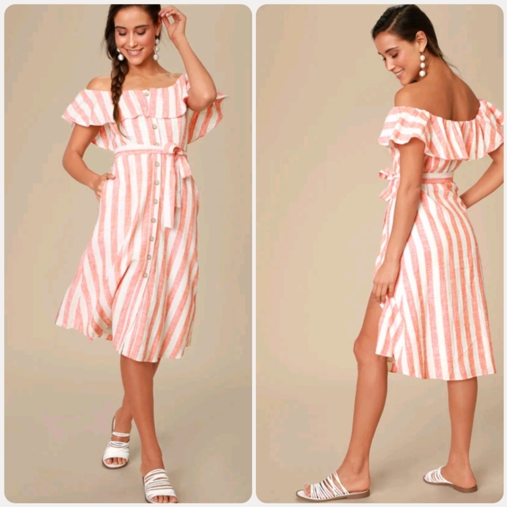 NWOT Lulu's Orange Striped Off-the-Shoulder Dress
